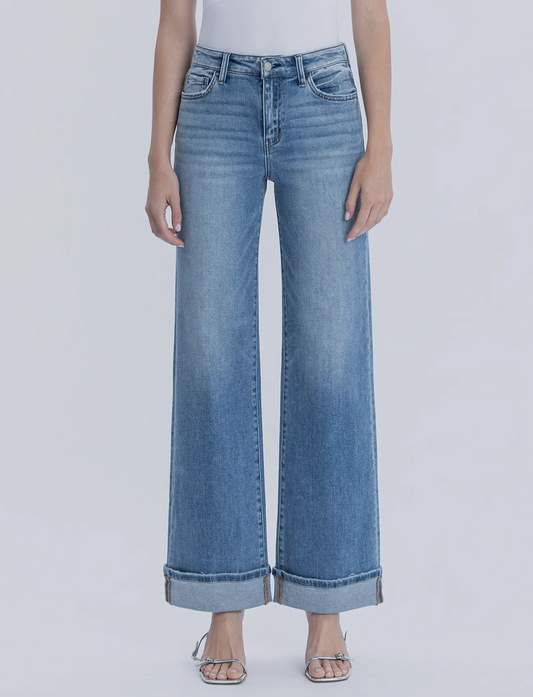High Rise Full Length Cuffed Wide Jeans