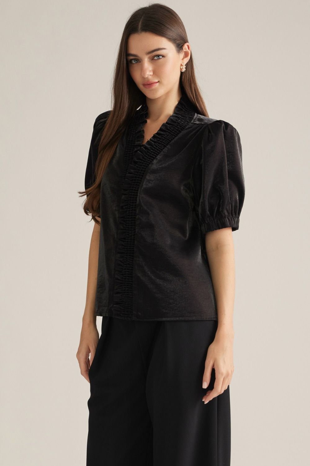 Black Ruffle Front Puff Sleeve Top
