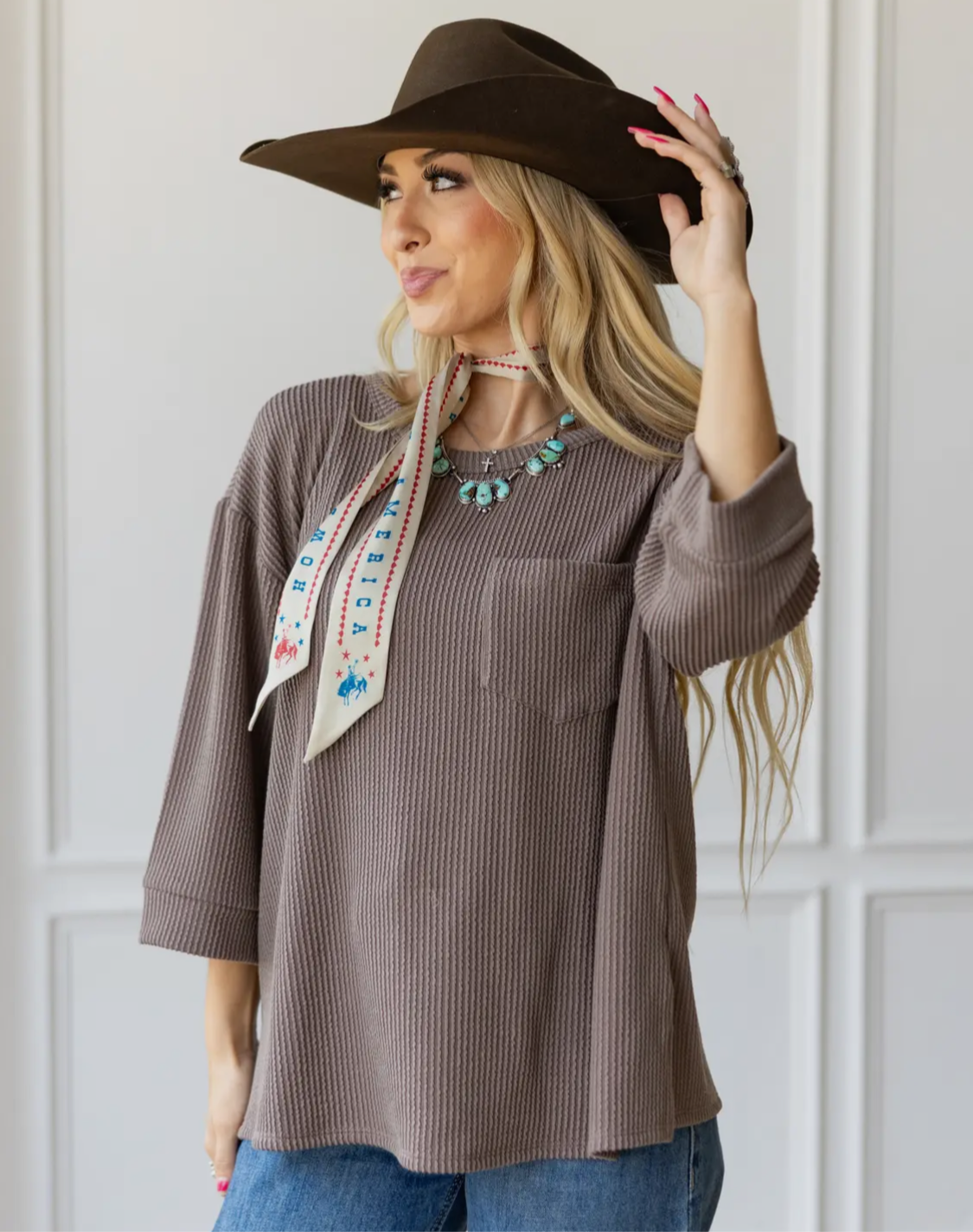 Mocha 3/4 Sleeve Ribbed Top