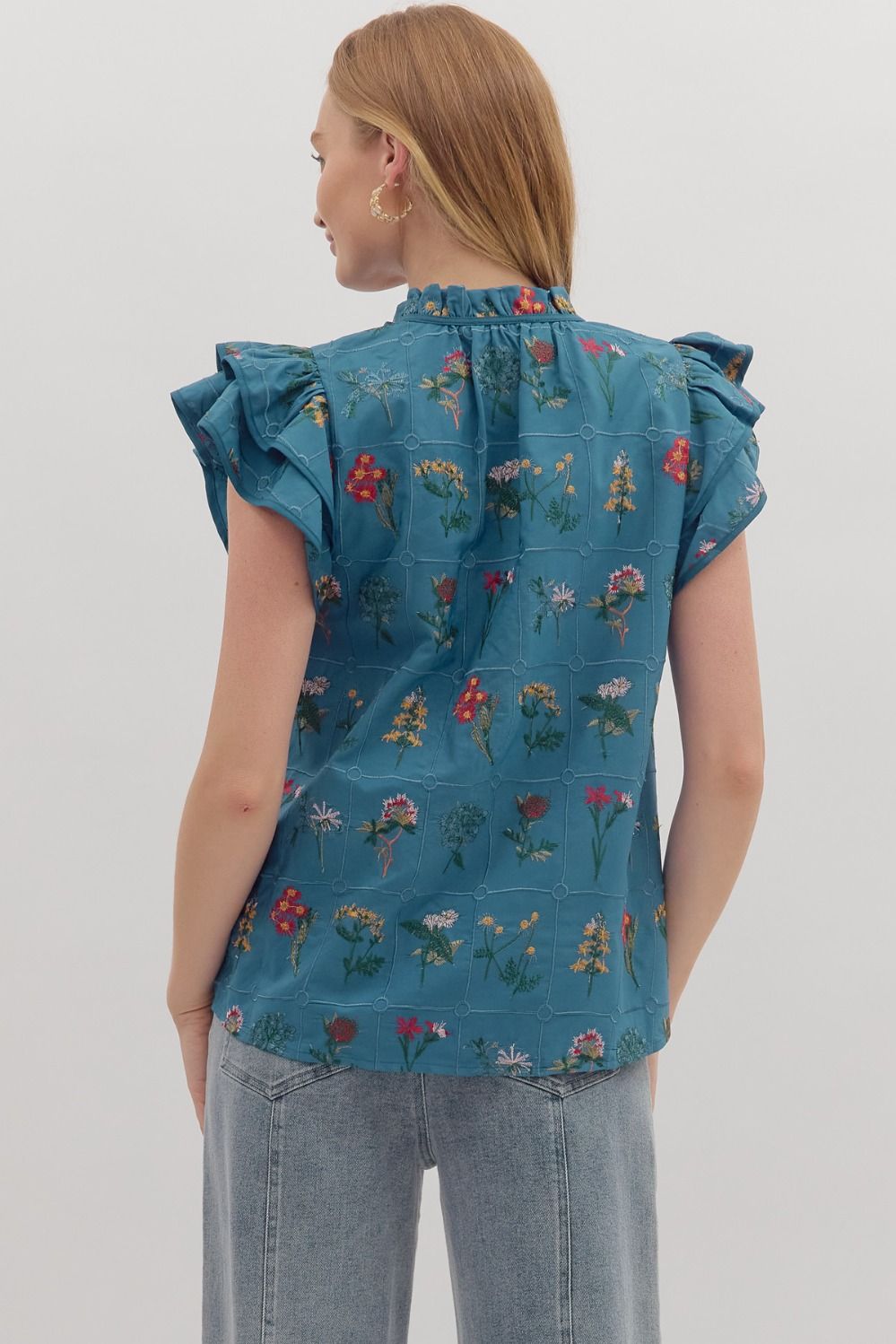 Teal Blue Floral Embroidered Top