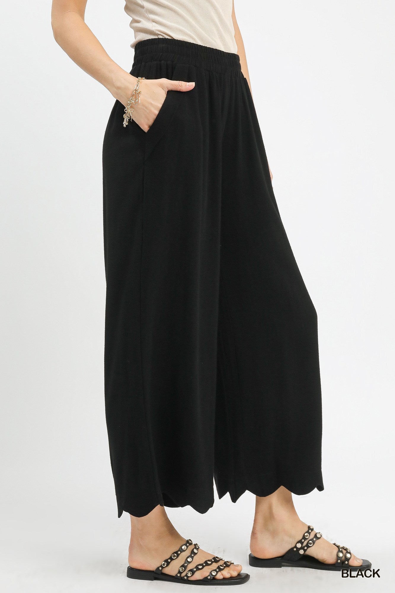 Black Linen Blend Scallop Hem Pants
