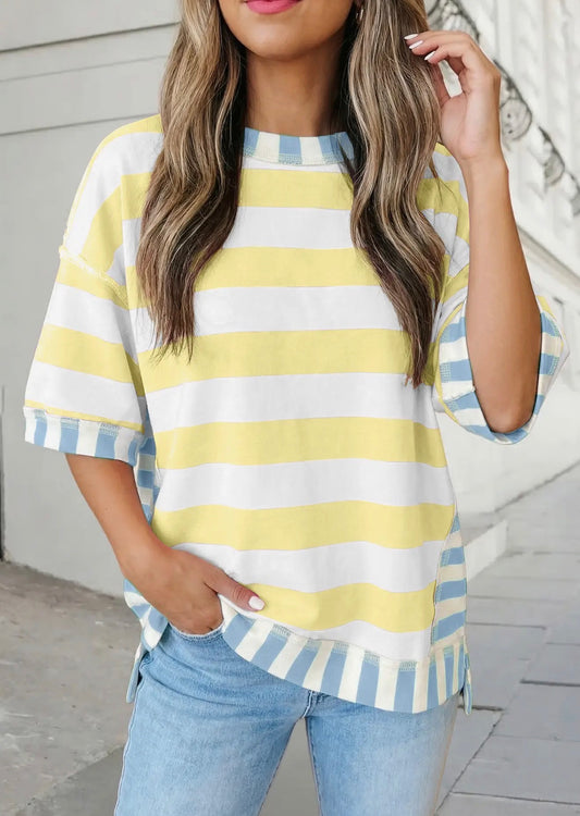 Yellow Striped Contrast Trim Top