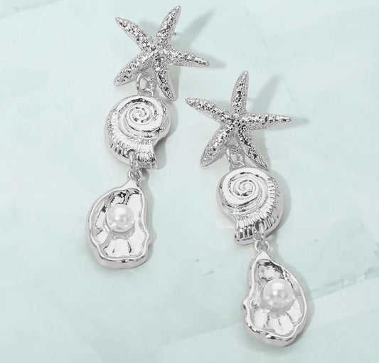 Shell Starfish Pearl Dangle Earrings