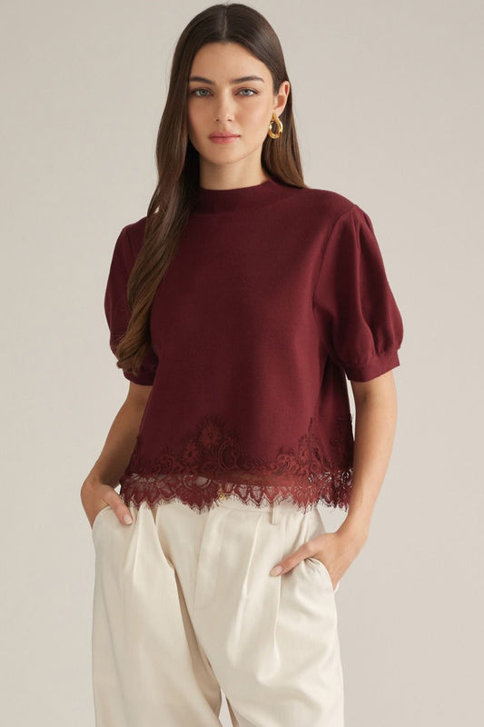 Burgundy Lace Short Sleeve Top