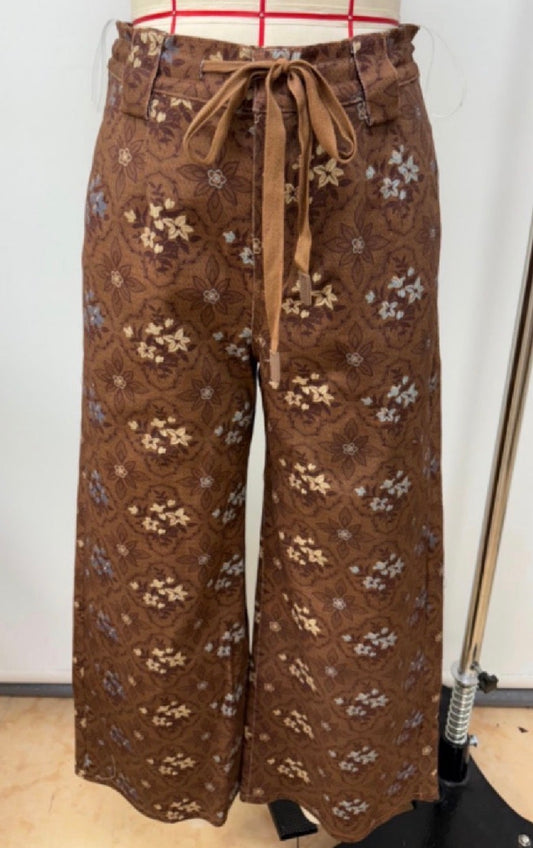 Brown Floral Drawstring Pants