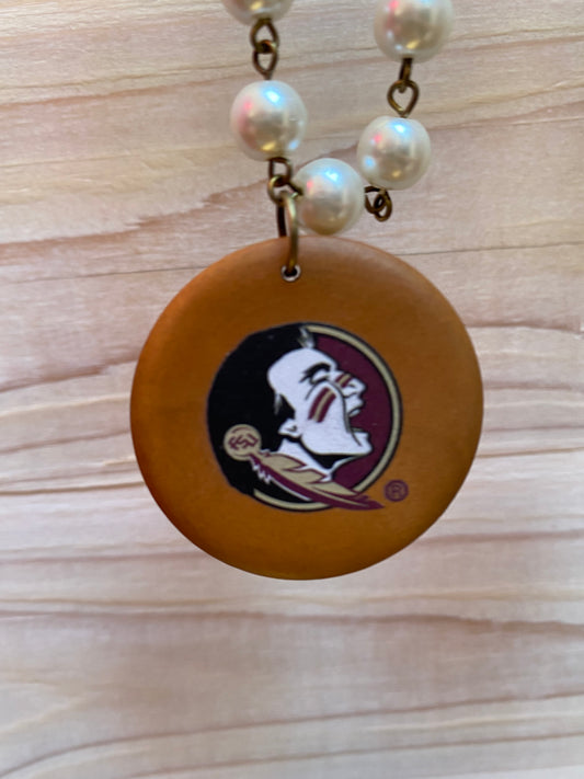 Florida State Logo Pearl & Wood Disc Necklace