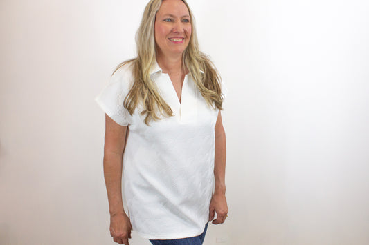 White Textured Collared Top