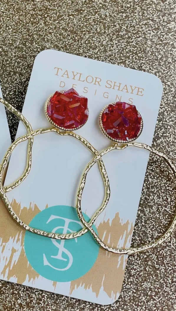 Red Glass Top Hoops