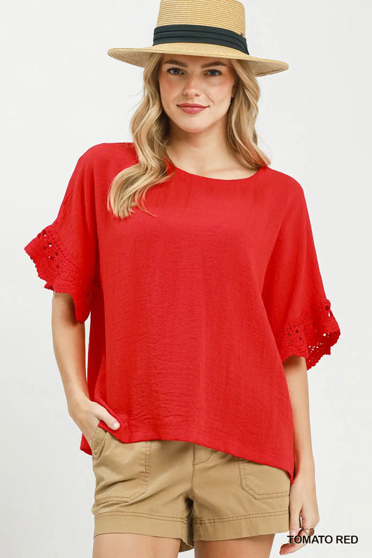 Red Crochet Ruffle Sleeve Top