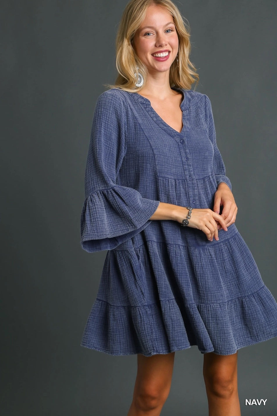 Mineral Wash Bell Sleeve Tiered Dress