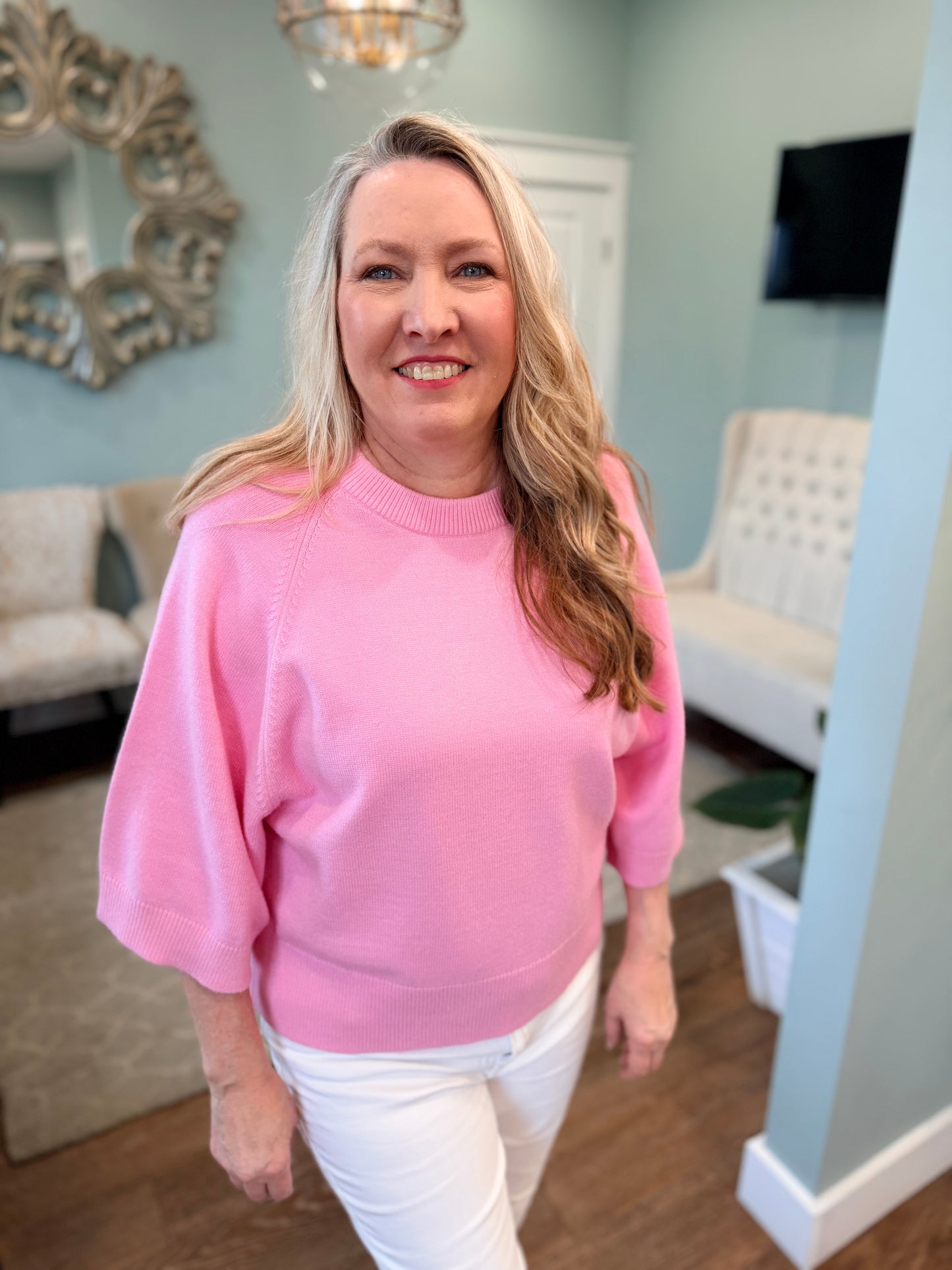 Priscilla Pink 3/4 Sleeve Sweater