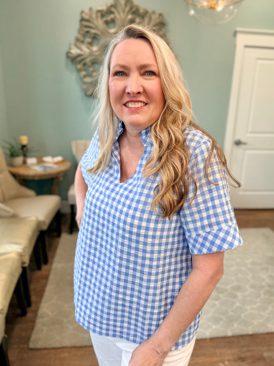 Blue Gingham Short Sleeve Top