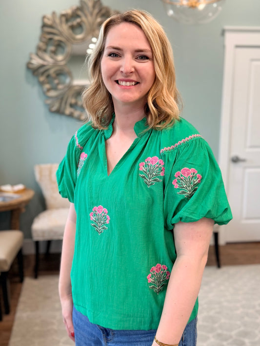Kelly Green Embroidered Top